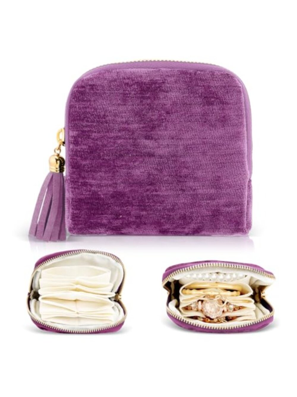 Travel Jewelry Case Organizer Velvet Compartments Zipper Pouch for Women